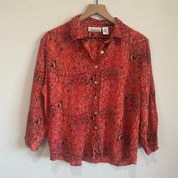 VTG New York City Design Womens XL Silk Leopard Reptile Printed Blouse Red Pink - Picture 1 of 7
